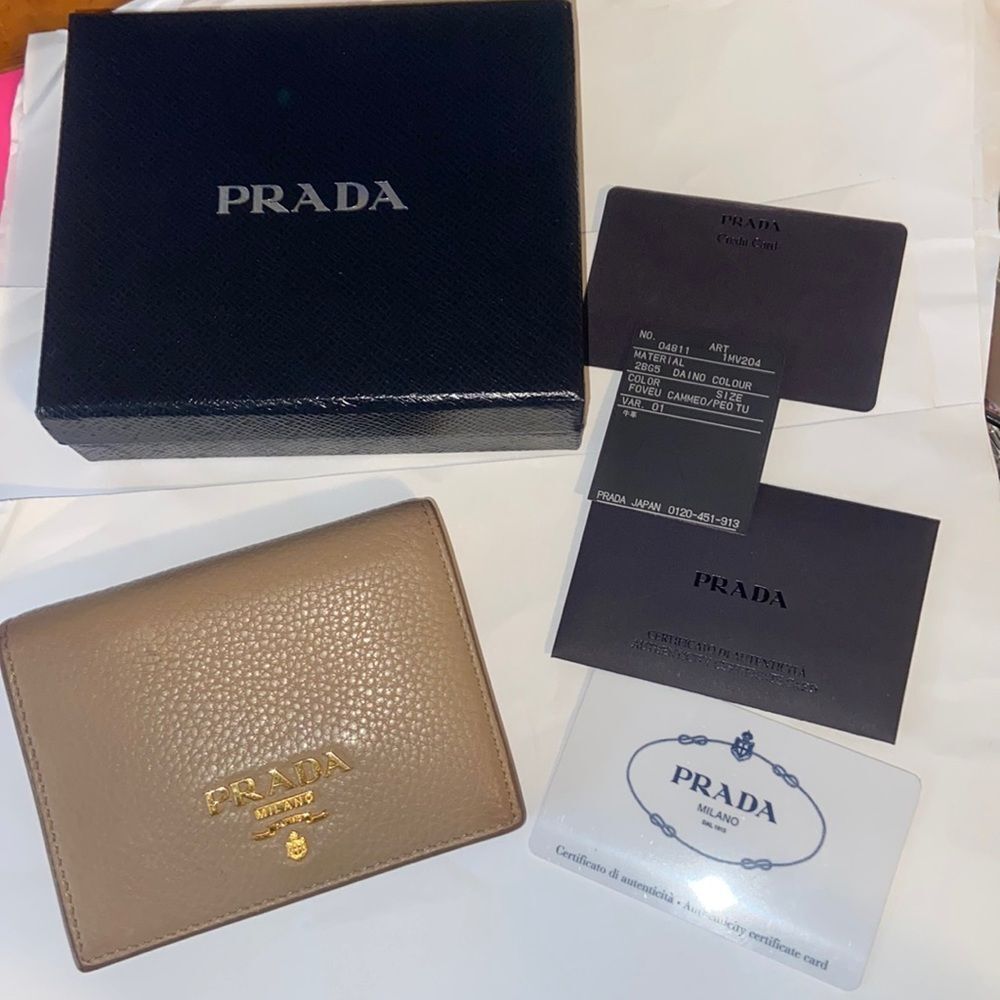 Prada Compact Snap Wallet with Box Authenticity Card Tan and Hot Pink